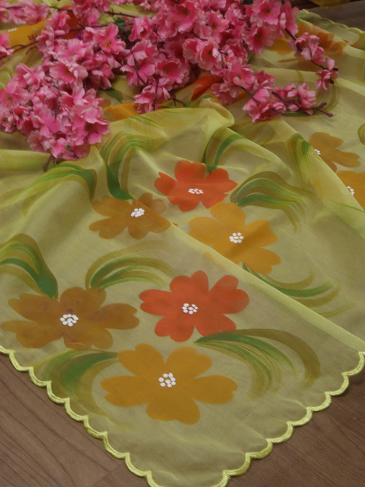 Yellow Hand Painted Organza Silk Scalloped Border Dupatta - Luxurion World