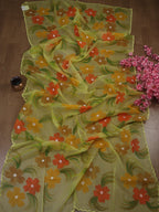 Yellow Hand Painted Organza Silk Scalloped Border Dupatta - Luxurion World