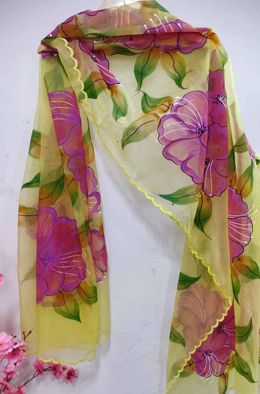 Yellow Hand Painted Organza Silk Scalloped Border Dupatta - Luxurion World
