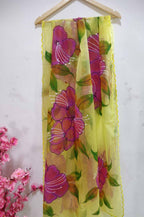 Yellow Hand Painted Organza Silk Scalloped Border Dupatta - Luxurion World