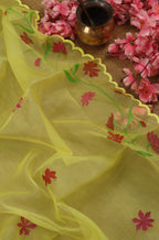 Yellow Hand Painted Organza Silk Scalloped Border Dupatta - Luxurion World