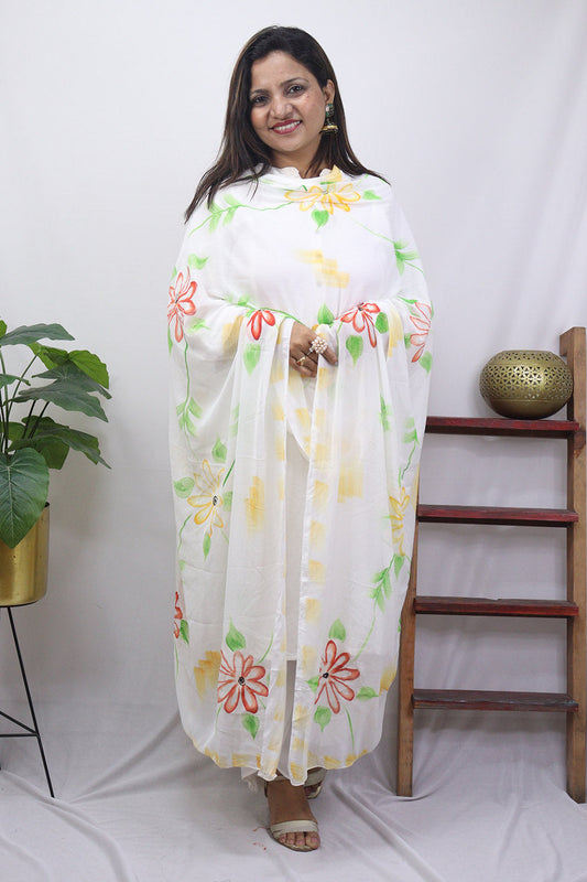White Hand Painted Chiffon Dupatta - Luxurion World