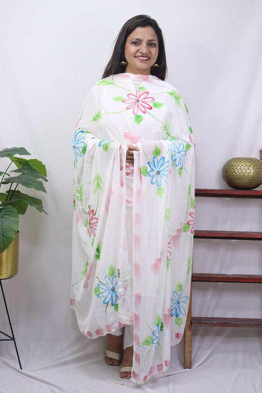 White Hand Painted Chiffon Dupatta - Luxurion World