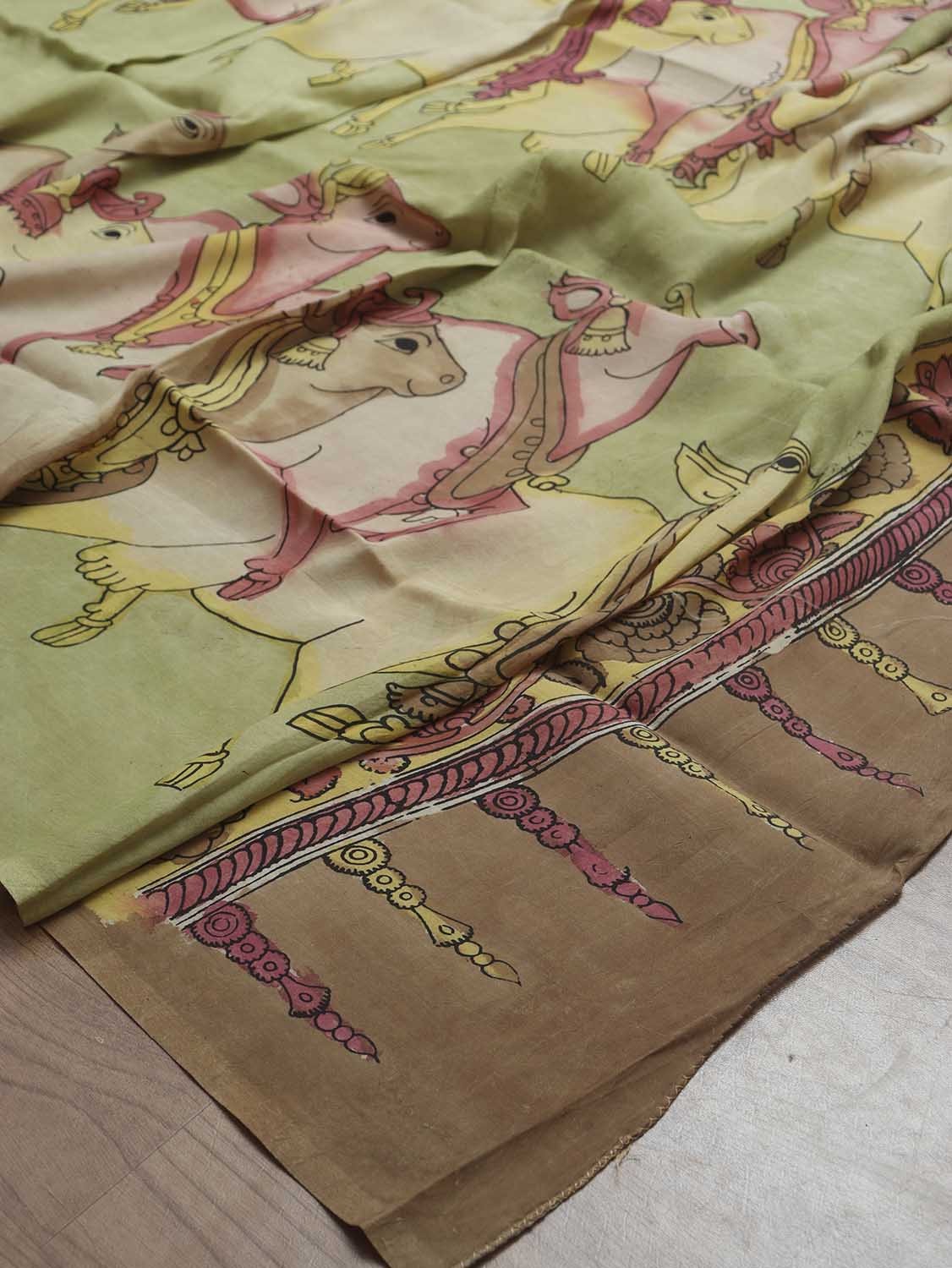 Yellow Pen Kalamkari Pure Silk Dupatta - Luxurion World
