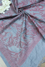 Grey Hand Embroidered Kantha Bangalore Silk Dupatta - Luxurion World
