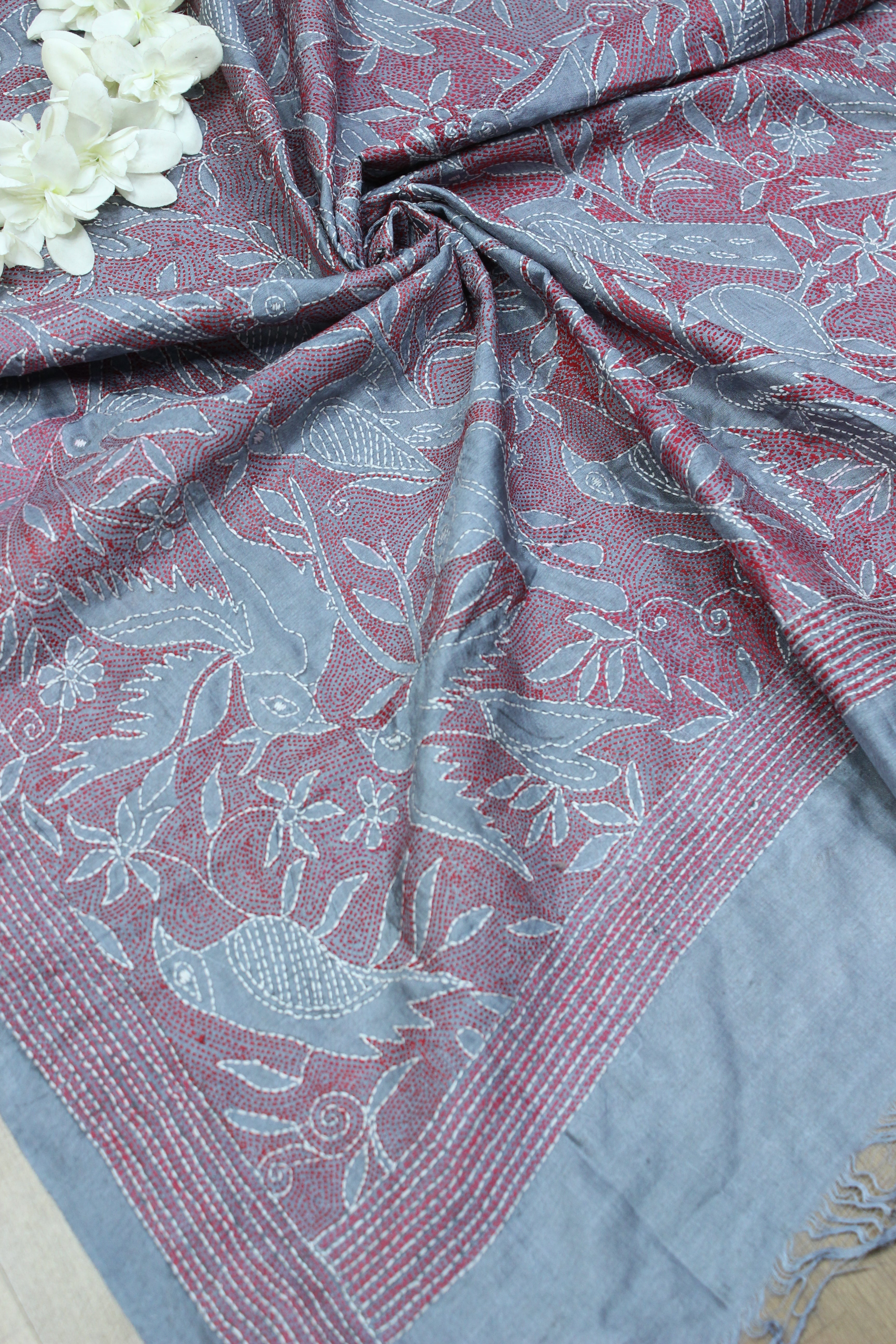 Grey Hand Embroidered Kantha Bangalore Silk Dupatta - Luxurion World