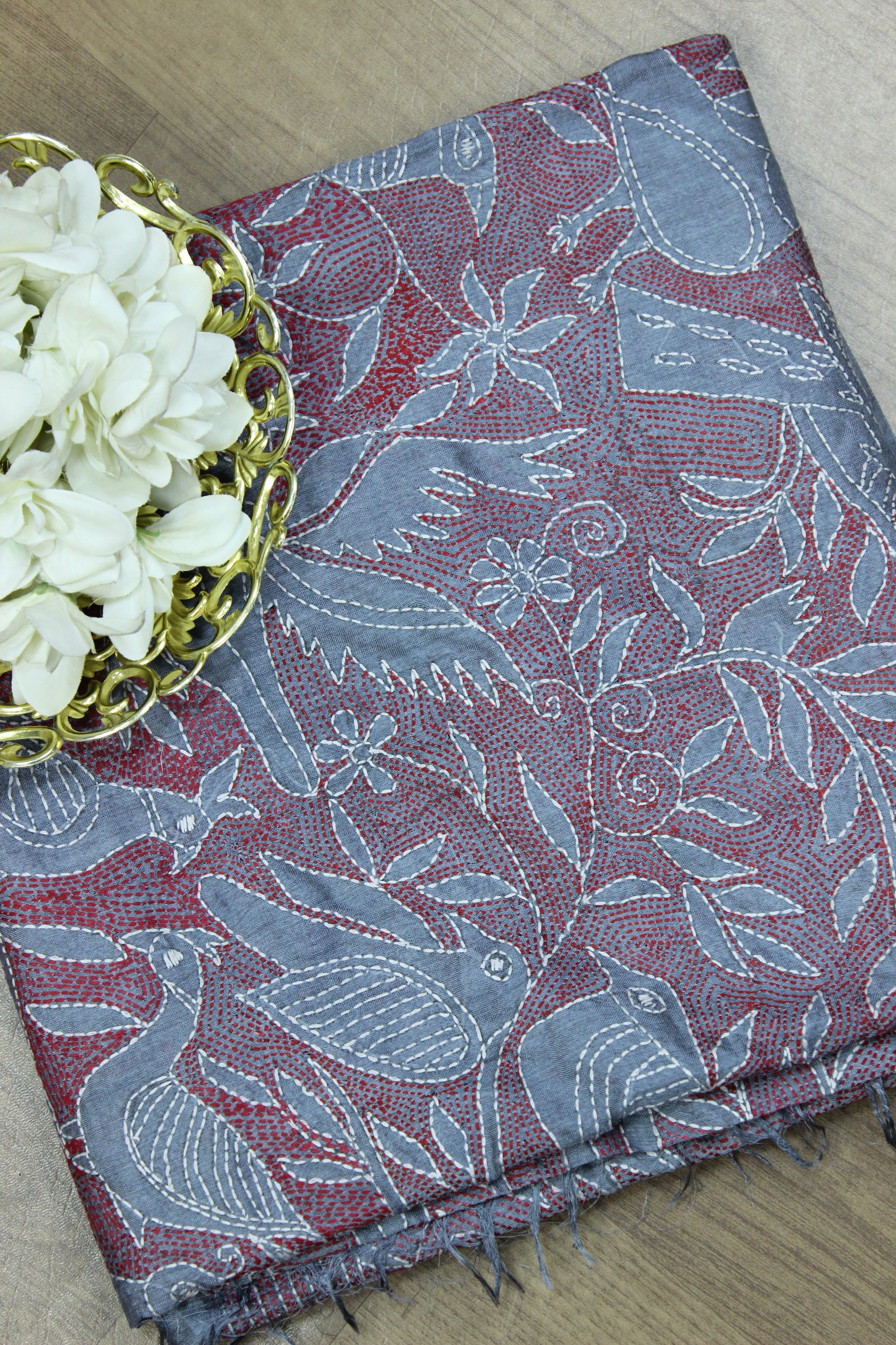 Grey Hand Embroidered Kantha Bangalore Silk Dupatta - Luxurion World
