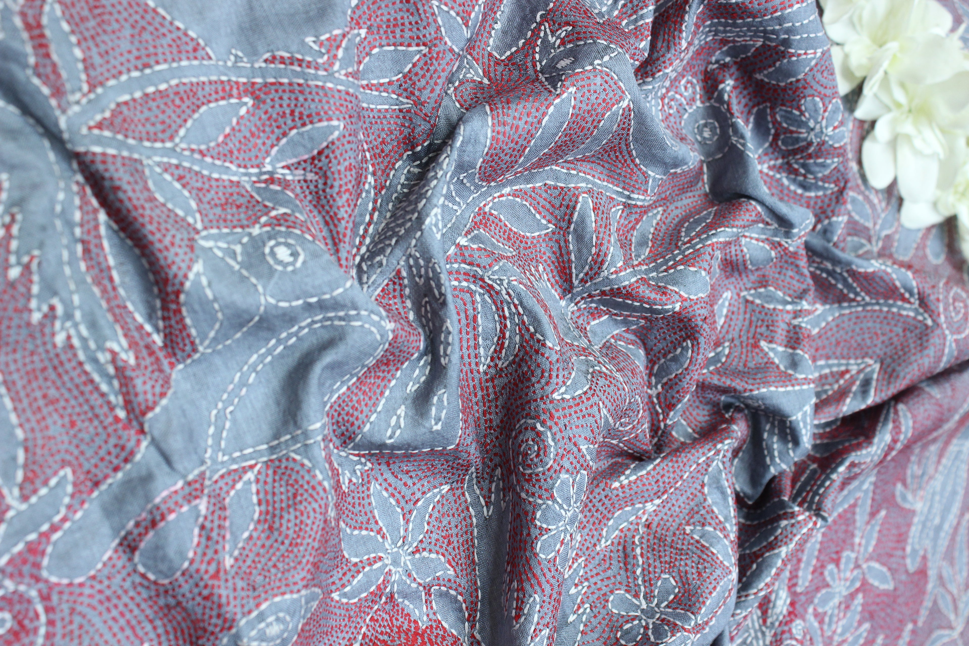 Grey Hand Embroidered Kantha Bangalore Silk Dupatta - Luxurion World