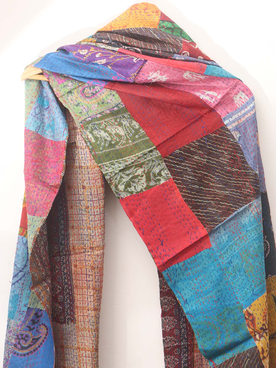 Multicolor Hand Embroidered Kantha Pure Silk Reversible Dupatta - Luxurion World