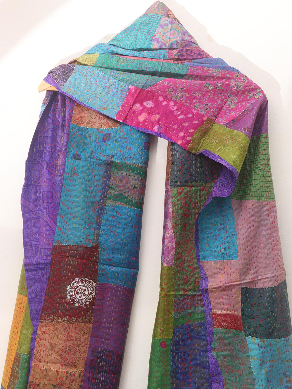 Multicolor Hand Embroidered Kantha Pure Silk Reversible Dupatta - Luxurion World