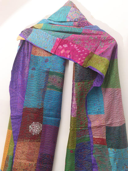 Multicolor Hand Embroidered Kantha Pure Silk Reversible Dupatta - Luxurion World