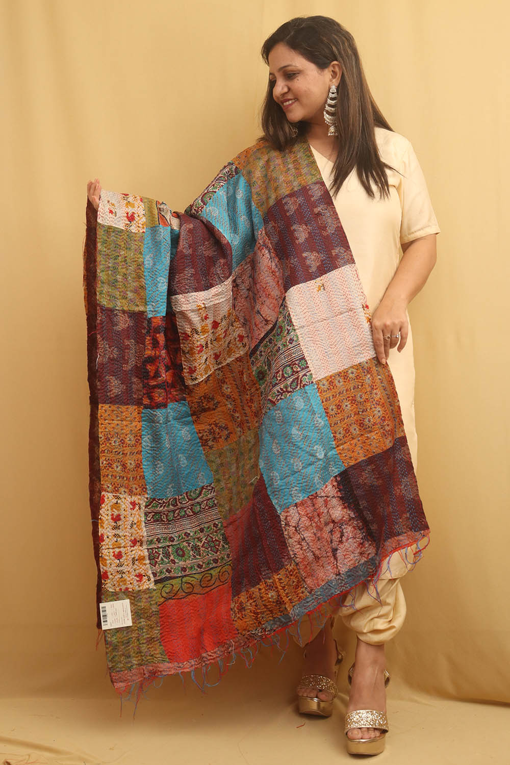 Multicolor Hand Embroidered Kantha Pure Silk Reversible Dupatta - Luxurion World