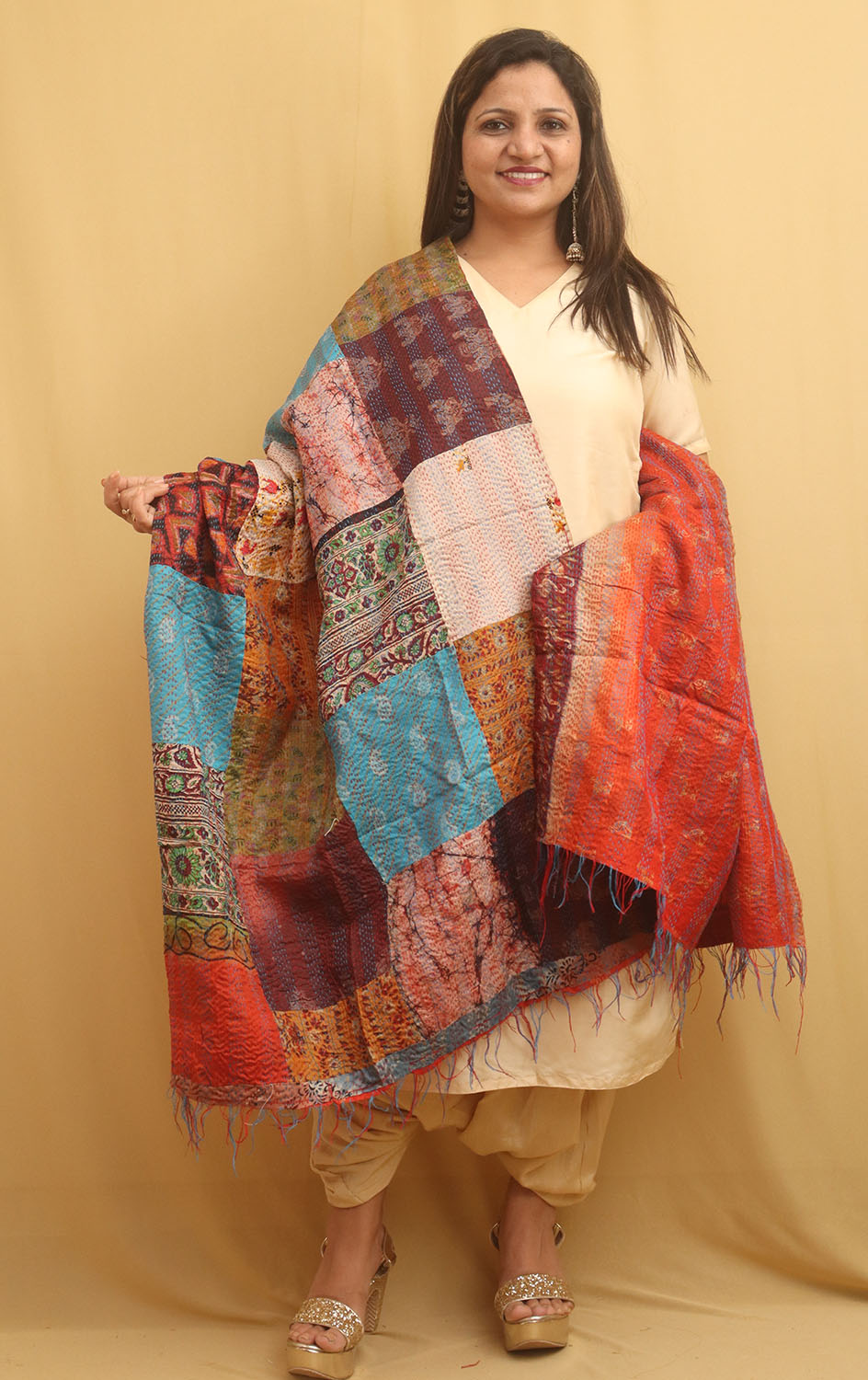 Multicolor Hand Embroidered Kantha Pure Silk Reversible Dupatta - Luxurion World