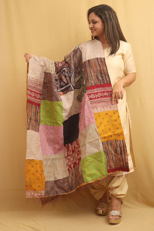 Multicolor Hand Embroidered Kantha Pure Silk Reversible Dupatta - Luxurion World