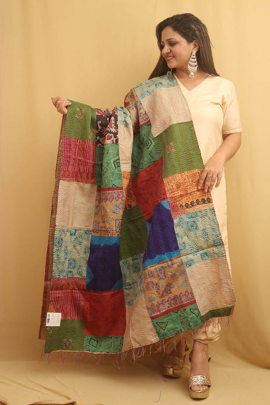 Multicolor Hand Embroidered Kantha Pure Silk Reversible Dupatta - Luxurion World