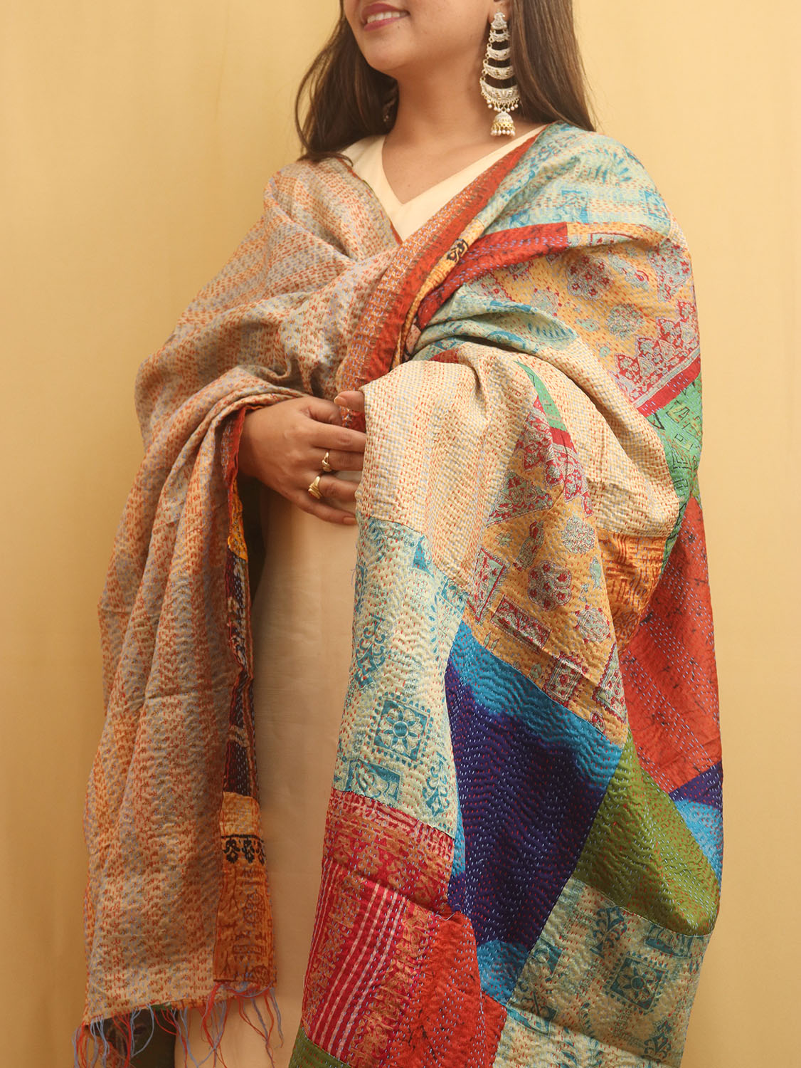 Multicolor Hand Embroidered Kantha Pure Silk Reversible Dupatta - Luxurion World