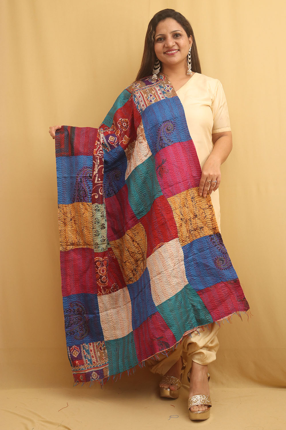 Multicolor Hand Embroidered Kantha Pure Silk Reversible Dupatta - Luxurion World