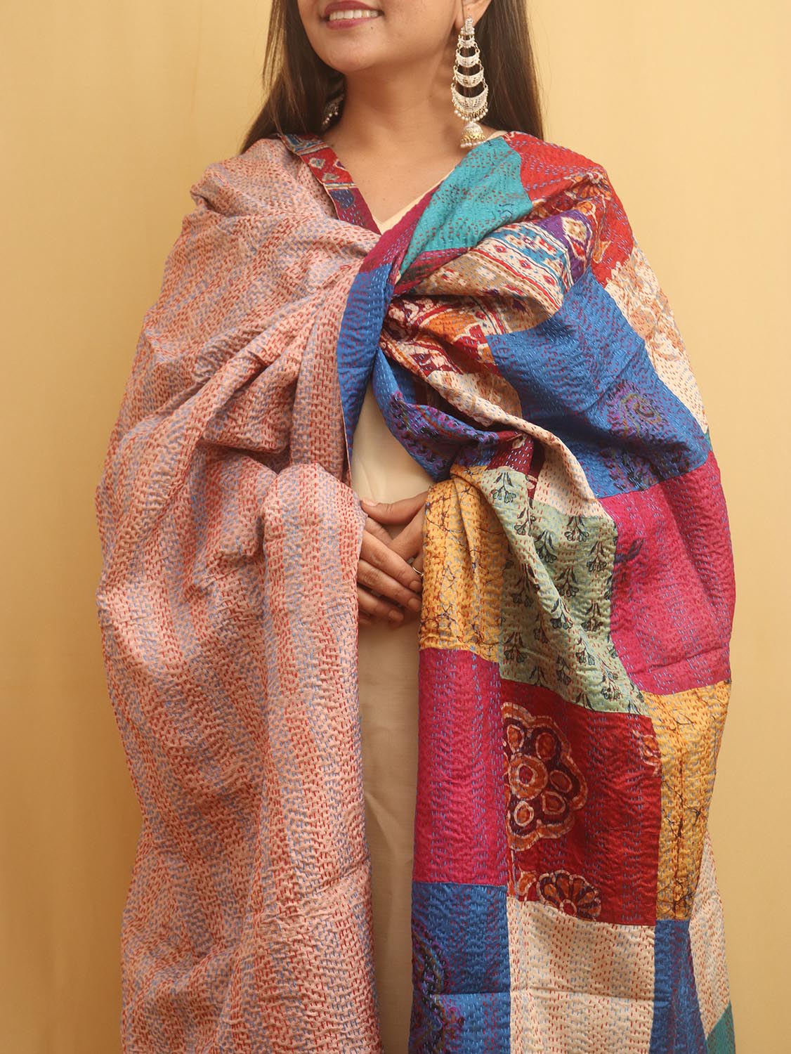 Multicolor Hand Embroidered Kantha Pure Silk Reversible Dupatta - Luxurion World