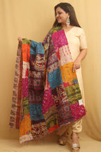 Multicolor Hand Embroidered Kantha Pure Silk Reversible Dupatta - Luxurion World