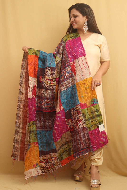 Multicolor Hand Embroidered Kantha Pure Silk Reversible Dupatta - Luxurion World