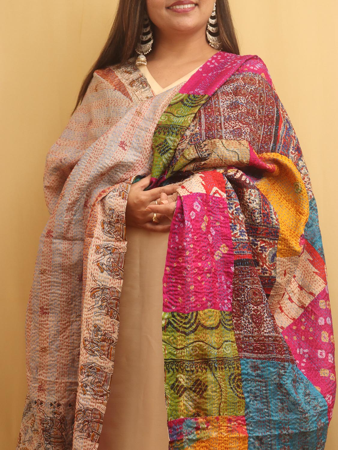 Multicolor Hand Embroidered Kantha Pure Silk Reversible Dupatta - Luxurion World