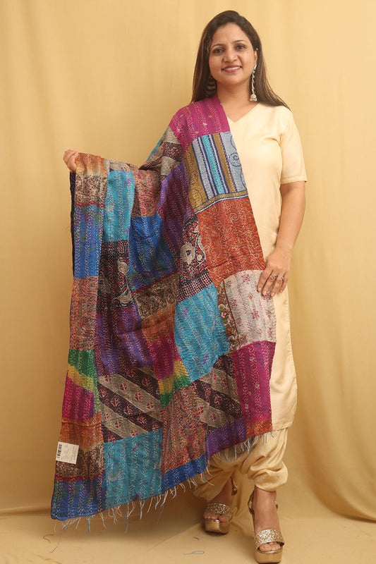 Multicolor Hand Embroidered Kantha Pure Silk Reversible Dupatta - Luxurion World