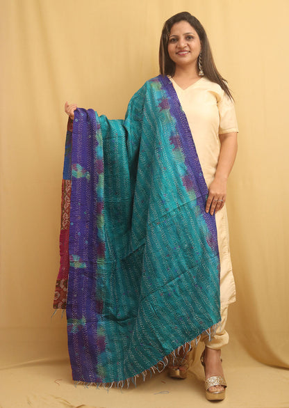 Multicolor Hand Embroidered Kantha Pure Silk Reversible Dupatta - Luxurion World