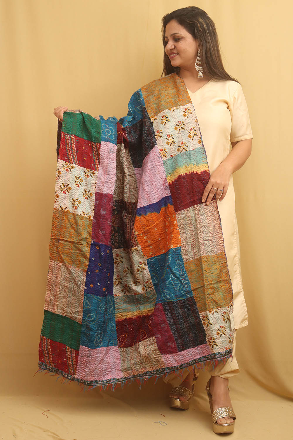 Multicolor Hand Embroidered Kantha Pure Silk Reversible Dupatta - Luxurion World