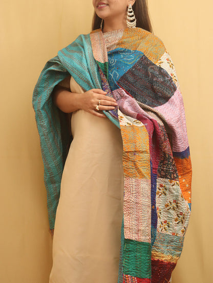 Multicolor Hand Embroidered Kantha Pure Silk Reversible Dupatta - Luxurion World