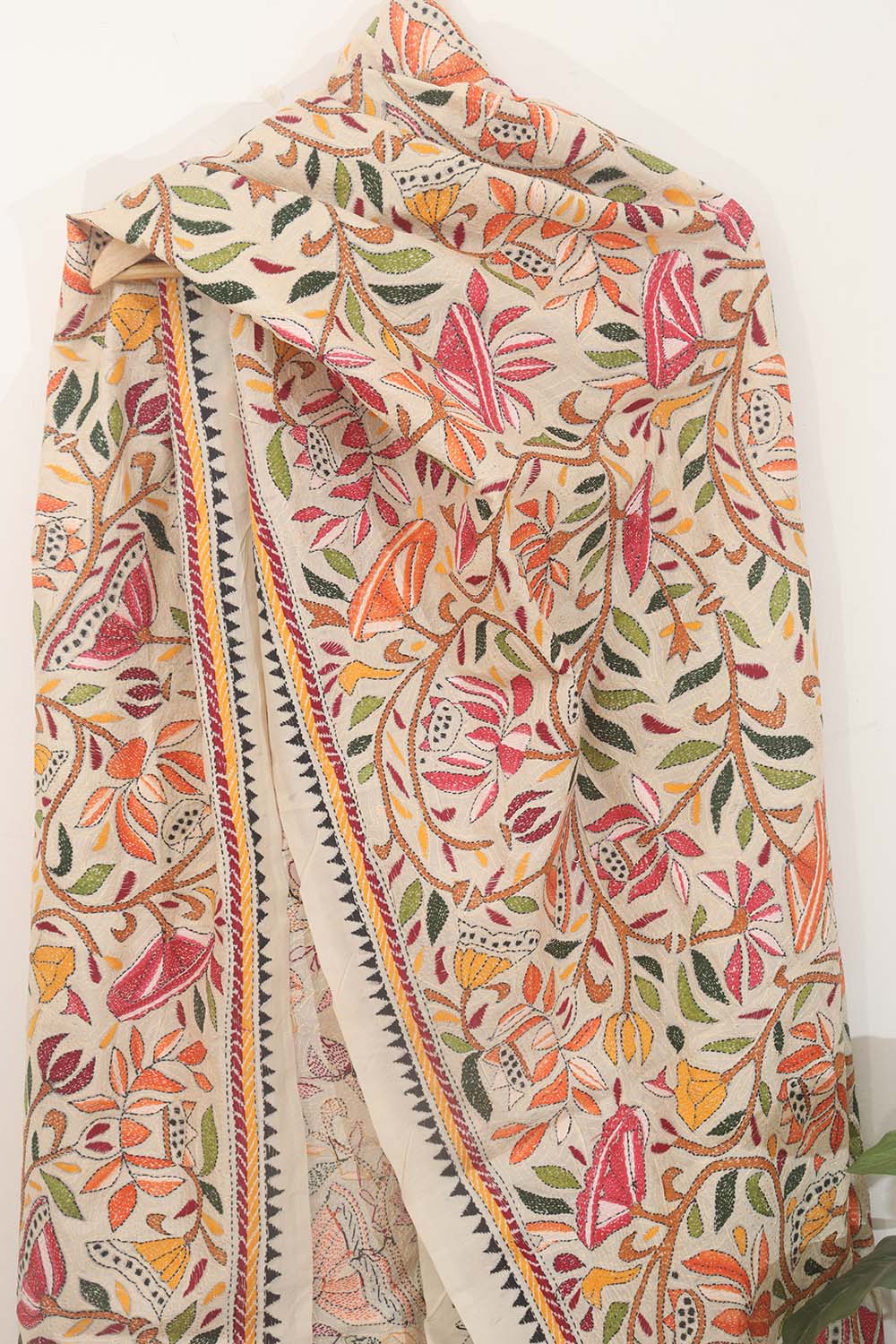 Pastel Kantha Silk Dupatta: Hand-Embroidered Elegance - Luxurion World