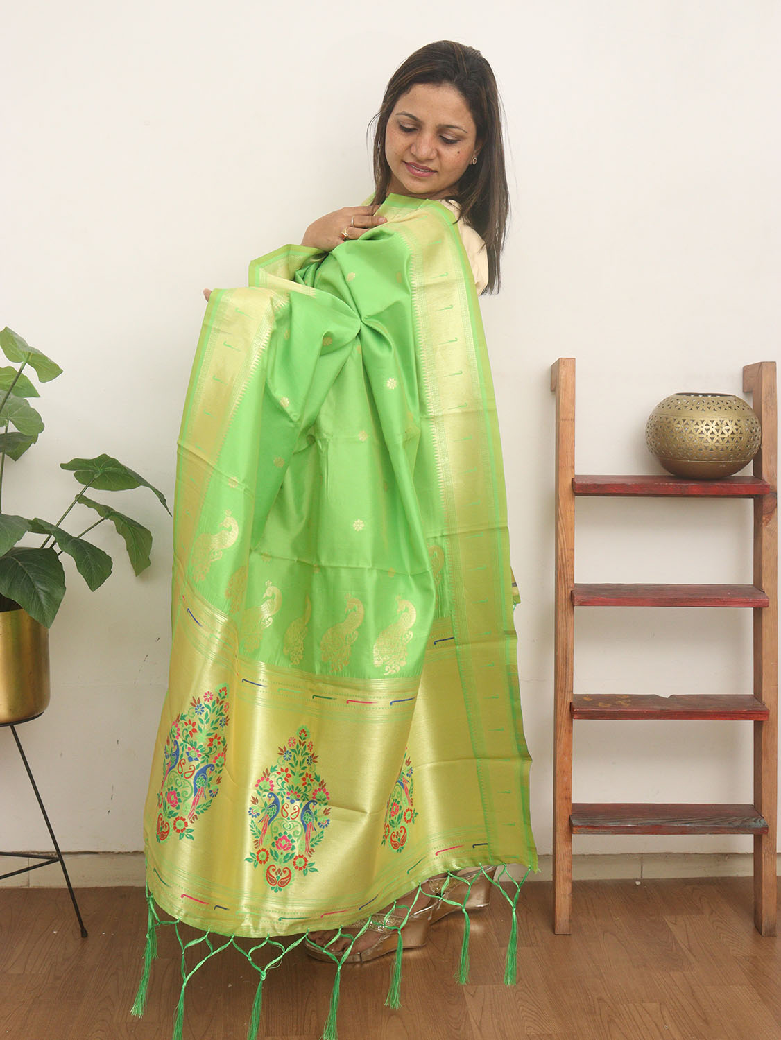 Green Paithani Silk Peacock Design Dupatta - Luxurion World