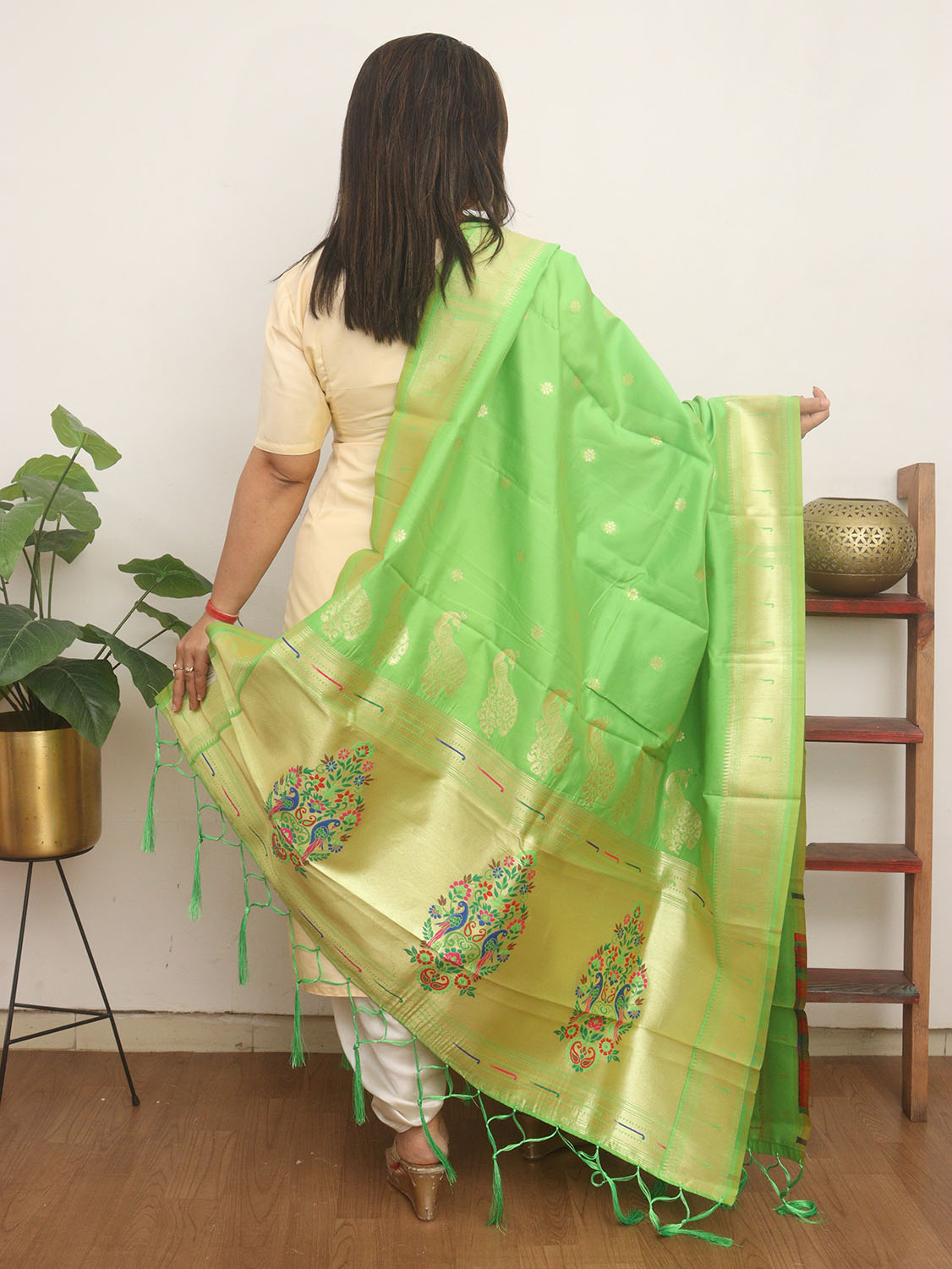 Green Paithani Silk Peacock Design Dupatta - Luxurion World