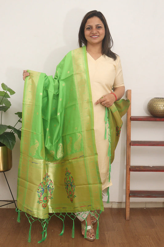 Green Paithani Silk Peacock Design Dupatta - Luxurion World