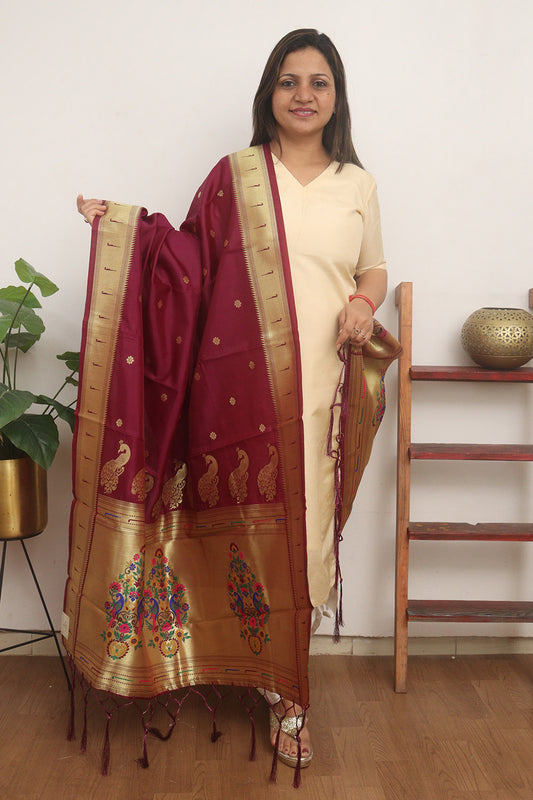 Maroon Paithani Silk Peacock Design Dupatta - Luxurion World