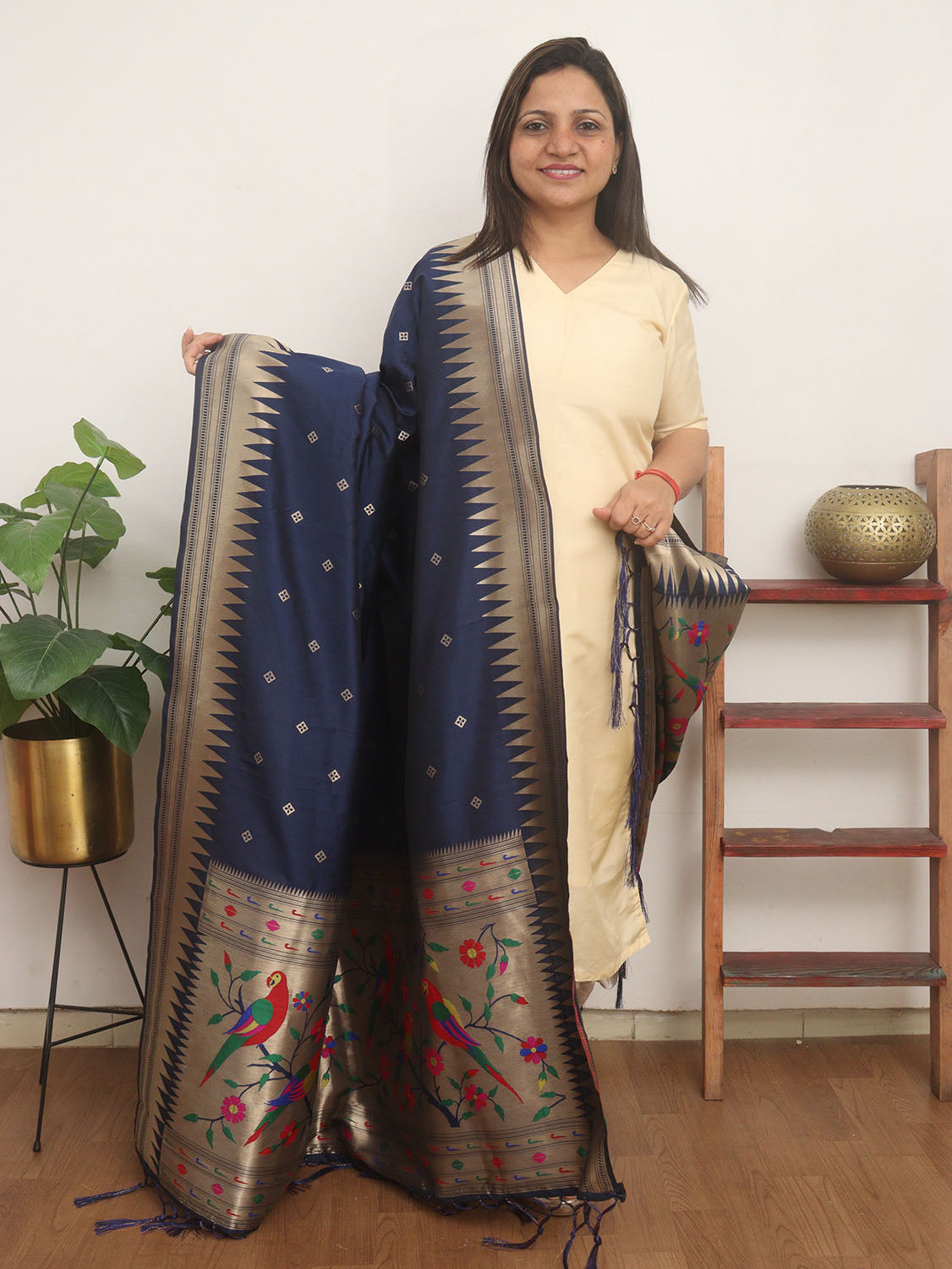 Blue Paithani Silk Bird & Floral Design Dupatta - Luxurion World