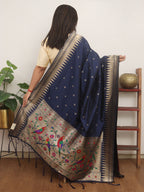 Blue Paithani Silk Bird & Floral Design Dupatta - Luxurion World