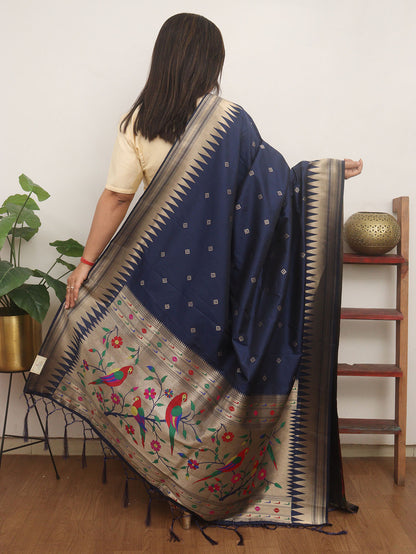 Blue Paithani Silk Bird & Floral Design Dupatta - Luxurion World