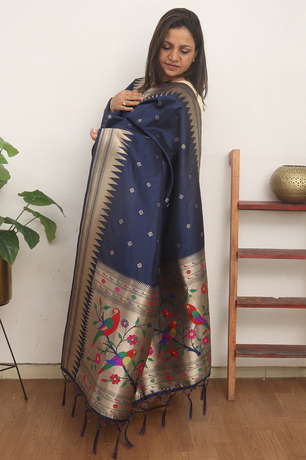 Blue Paithani Silk Bird & Floral Design Dupatta - Luxurion World