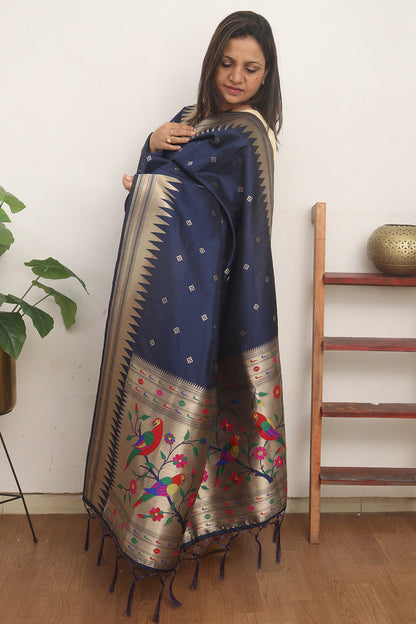 Blue Paithani Silk Bird & Floral Design Dupatta - Luxurion World
