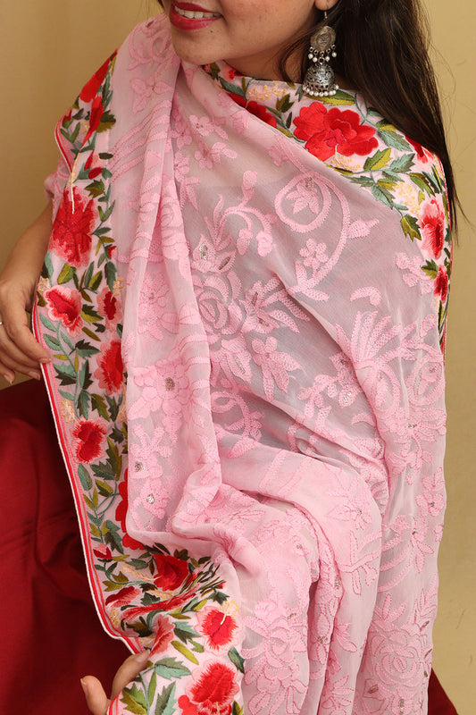 Pink Hand Embroidered Chikankari Pure Georgette Dupatta with Parsi and French Knot Border