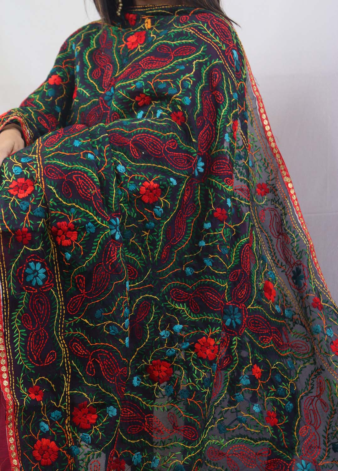 Stunning Multicolor Phulkari Chanderi Silk Dupatta with Intricate Embroidery - Luxurion World