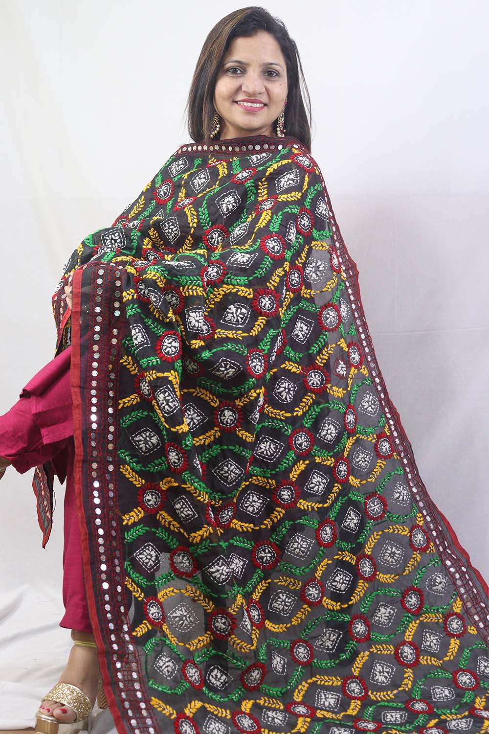 Stunning Multicolor Phulkari Chanderi Silk Dupatta with Intricate Embroidery - Luxurion World