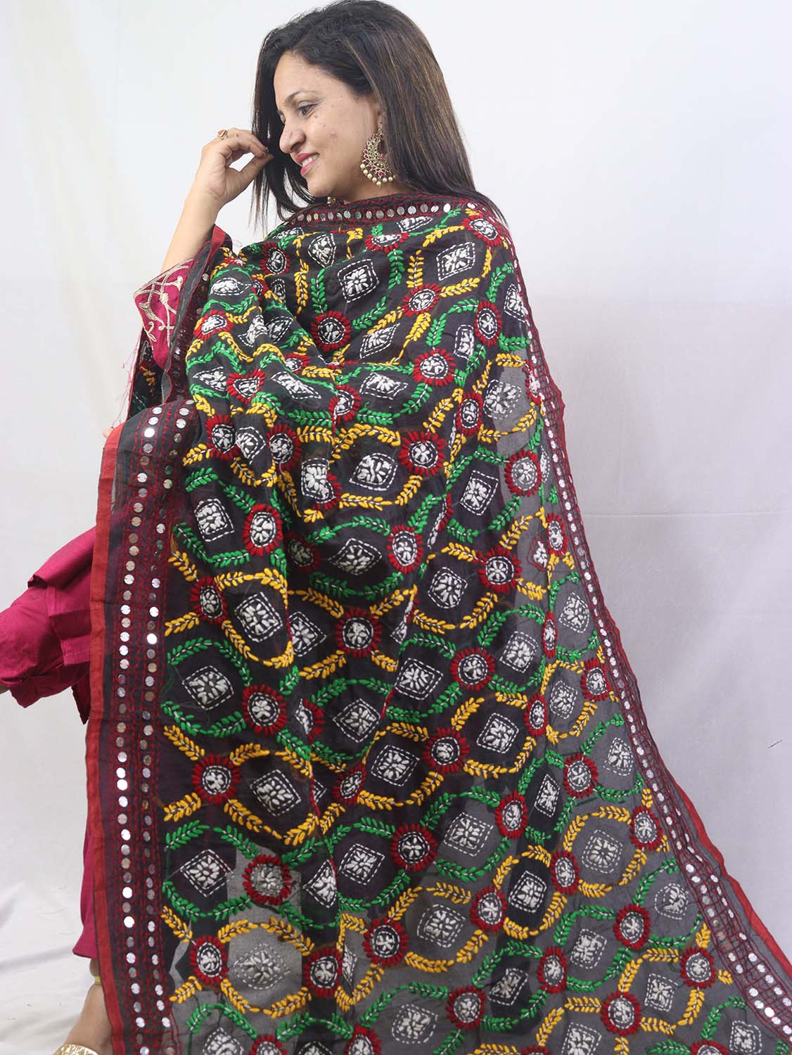 Stunning Multicolor Phulkari Chanderi Silk Dupatta with Intricate Embroidery - Luxurion World