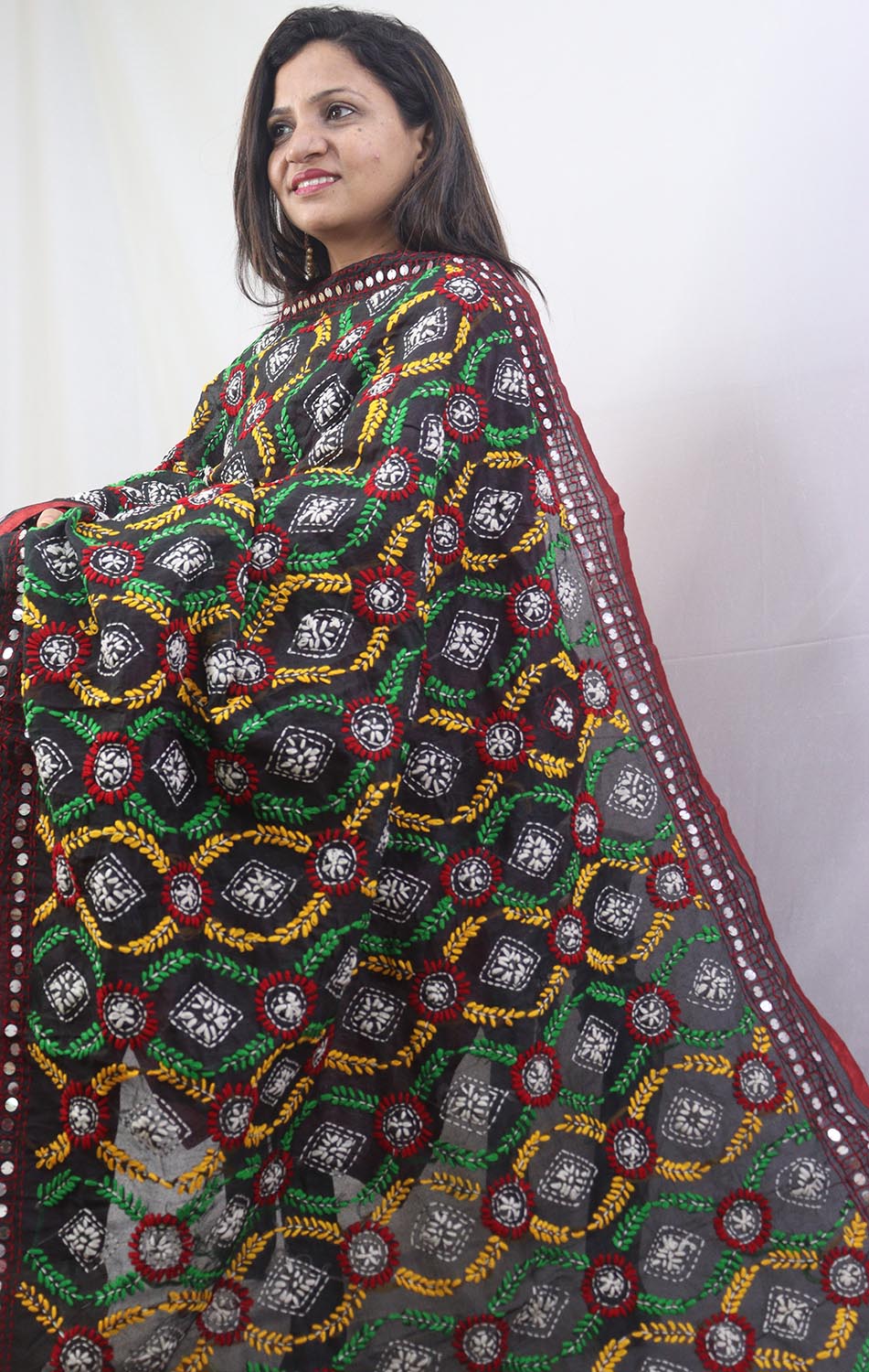 Stunning Multicolor Phulkari Chanderi Silk Dupatta with Intricate Embroidery