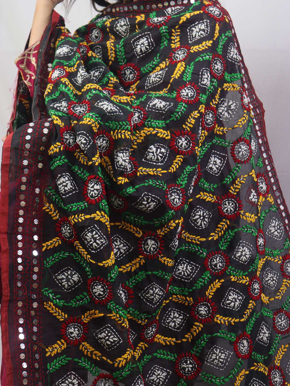 Stunning Multicolor Phulkari Chanderi Silk Dupatta with Intricate Embroidery - Luxurion World