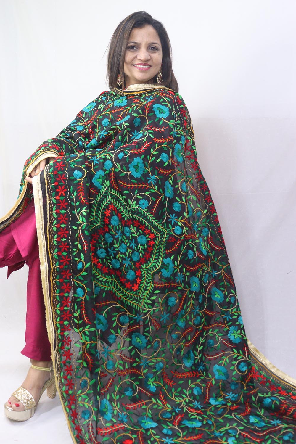 Stunning Multicolor Embroidered Phulkari Chanderi Silk Dupatta - Luxurion World