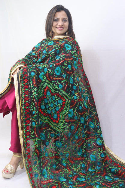 Stunning Multicolor Embroidered Phulkari Chanderi Silk Dupatta - Luxurion World