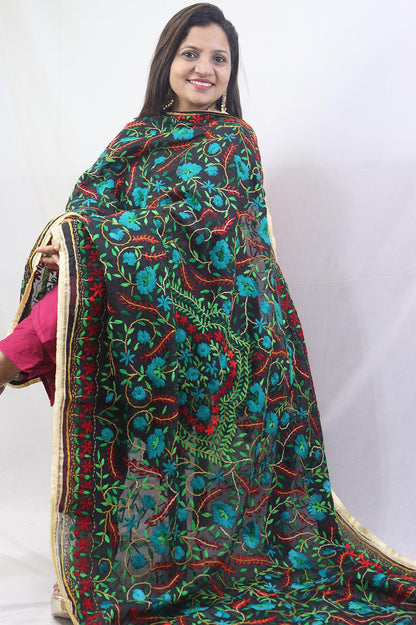 Stunning Multicolor Embroidered Phulkari Chanderi Silk Dupatta