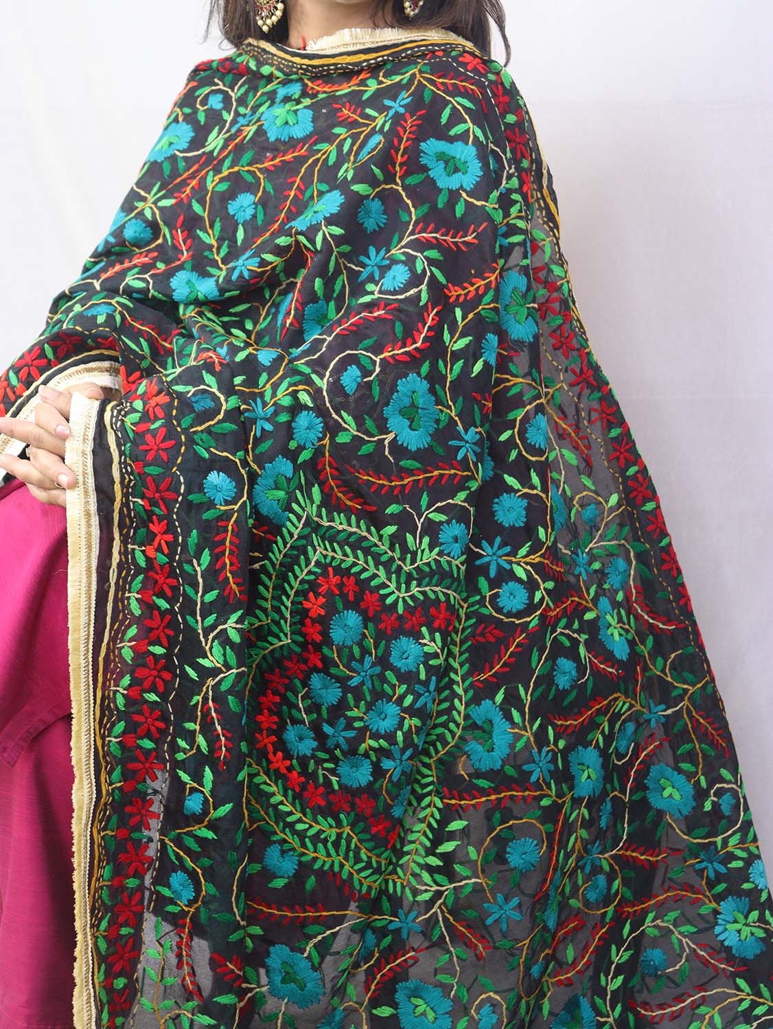 Stunning Multicolor Embroidered Phulkari Chanderi Silk Dupatta