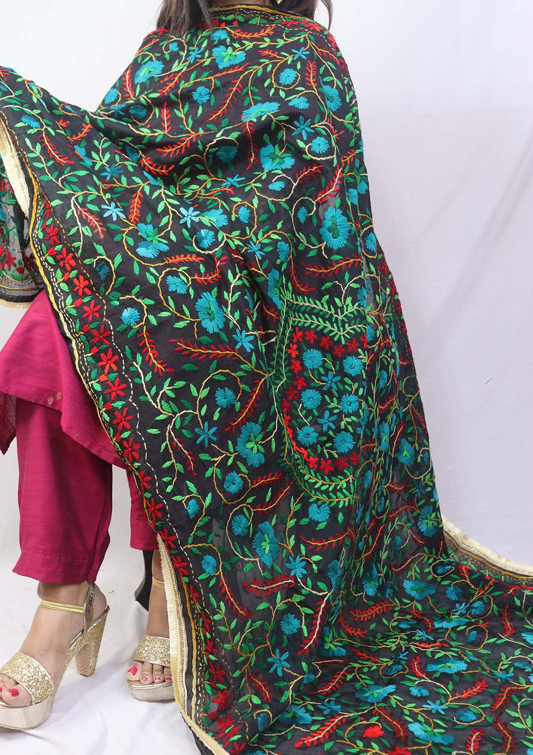 Stunning Multicolor Embroidered Phulkari Chanderi Silk Dupatta - Luxurion World